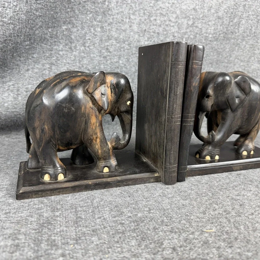 Wood Elephant Bookends Pair Hand Carved Book Holder Brown Home Decor‎ Shelf